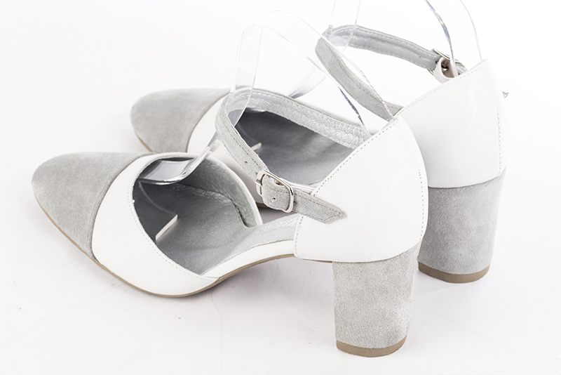 Pearl grey and pure white women's open side shoes, with an instep strap. Round toe. Medium block heels. Rear view - Florence KOOIJMAN